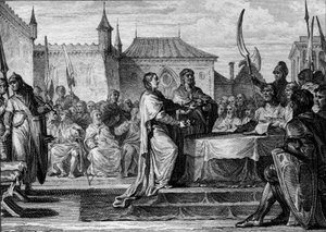 Succession de Pépin le Bref, 768 : une assemblée décide de diviser le royaume entre ses deux fils, Charlemagne (747-814) et Carloman (ca. 751-771), rompant ainsi les arrangements faits par Pépin le Bref. Gravure de Jean Michel Moreau, dit Moreau le Jeune - Jean Michel the Younger Moreau