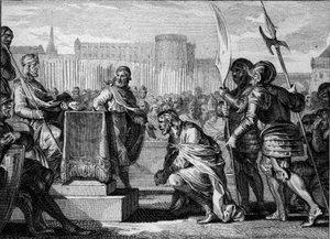 Tassilon III (Tassillon, Tassilo, 742-794), duc de Bavière, se prosterne devant Charlemagne (747-814), roi des Francs, à Ingelheim, 788. Il fut condamné pour trahison et condamné à mort mais finit sa vie dans un monastère. Gravure par Jean Michel Moreau - Jean Michel the Younger Moreau