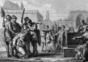 Thierry III (651-691), roi des Francs, et Ebroïn (mort en 681), maire du palais de Neustrie, ont été fauchés par la population, hostile aux deux hommes. 669. Gravure de Jean Michel Moreau, dit Moreau le Jeune (1741-1814)
