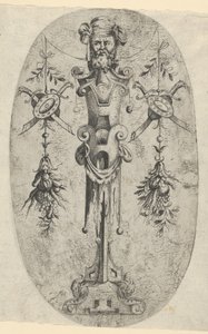 Figure terminale masculine, tête avec barbe et turban sur un piédestal à trois quarts de courroie, vers 1543-45 - Jean Mignon