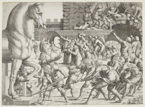 Les Troyens amenant le cheval de bois dans leur ville
