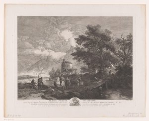 Groupe de chasse dans un paysage avec un pont - Jean Moyreau