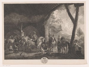 Groupe de chasseurs quittant une écurie (Le Vin de l