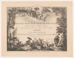 Titelprent met figuren en dieren in een landschap, met het portret van Philips Wouwerman - Jean Moyreau