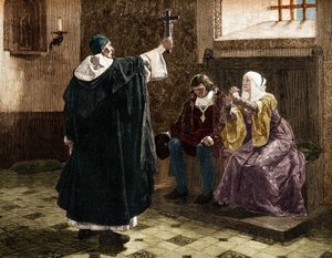 Le grand inquisiteur espagnol, Fray Tomas de Torquemada (1420-1498), parmi les rois catholiques Ferdinand II et Isabelle 1ère de Castille - Jean Paul (after) Laurens