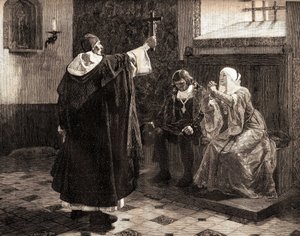 Le grand inquisiteur espagnol, Fray Tomas de Torquemada (1420-1498), parmi les rois catholiques Ferdinand II d