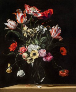 Tulipes, jonquilles, œillets, coquelicots, anémones et autres fleurs dans un vase en verre sur une étagère en bois, une paire, 17ème siècle - Jean Picart