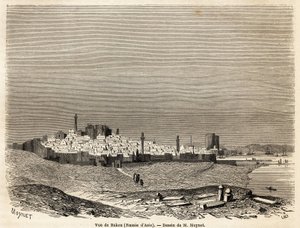 Vue de Bakou (Russie, Azerbaïdjan), dessin de M. Moynet, pour illustrer le voyage sur la côte de la mer Caspienne, en octobre 1858, par M. Moynet. Gravure dans « Le tour du monde, nouveau journal des voyages » Paris - Jean Pierre Moynet