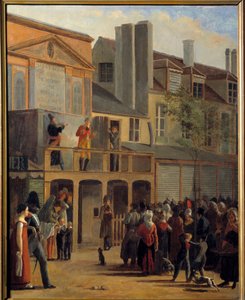 Théâtre de rue : « La parade de Bobèche et Galimafré sur le Boulevard du Temple devant le Théâtre des délassements comiques » Peinture de Jean Roller (1798-1866) 1820 Paris, Musée Carnavalet - Jean Roller