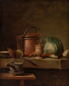 Table de cuisine avec marmite de cuivre, chou, égrugeoir et réchaud - Jean Baptiste Simeon Chardin