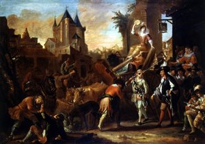 Arrivée des comédiens au Mans Peinture illustrant « Le Roman comique » par Paul Scarron (1610-1660). Peinture de Jean-Baptiste Coulom (ou Coulon) (ca. 1695-1735)
