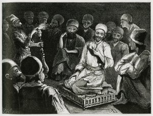 Conteur persan entouré de son auditoire. Gravure par l