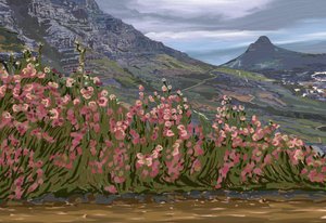 Vue sur la montagne aux fleurs roses