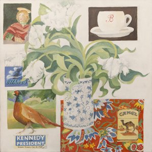 Ephémères, y compris tasse à café, paquets de cigarettes, carte postale et tulipes