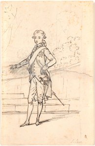 Esquisse de composition pour un portrait en pied de Frédéric VI jeune prince héritier. Debout de face avec la main droite sur le côté et la gauche appuyée sur une table - Jens Juel