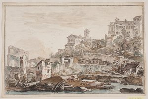 Vue de ville avec ruines et église et palais en hauteur - Jens Petersen Lund