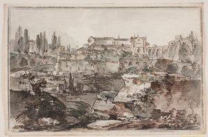 Vue avec forteresse (?), ruines, rochers et eau - Jens Petersen Lund