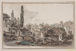 Perspective avec de grands arbres, bâtiments et ruines - Jens Petersen Lund