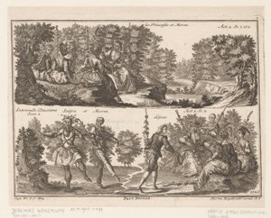 Deux scènes de théâtre avec des personnages dans un paysage boisé (Les Princesses et Moron) - Jeremias Wachsmuth
