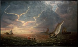Voiliers en mer agitée au coucher du soleil - Jeronimus van Diest