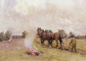 Scène de labour avec des feux dans un champ, 1910