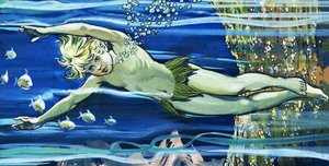 Boy Swimming, illustration tirée de "The Water Babies" de Charles Kingsley (gouache sur papier)