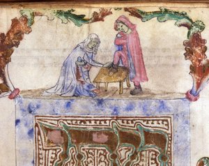 Judaïsme : rite hébraïque du lavage des pieds (ablution) du voyageur. Miniature d