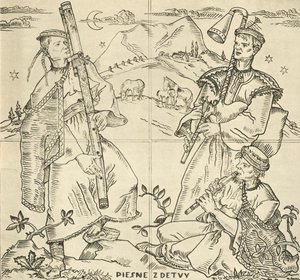 Fuyara slovaque, cornemuses et pipe. Croquis pour un travail de sgraffito sur le pont de Pietany, par State Pr - Joža Uprka