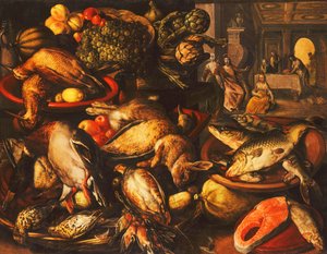 Gibier, poisson, fruits et légumes dans des paniers et des bols dans un garde-manger, 1569 - Joachim Beuckelaer