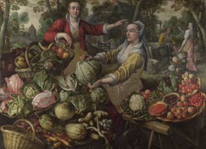 Les Quatre Éléments : Terre (Un marché de fruits et légumes avec la Fuite en Égypte en arrière-plan) - Joachim Beuckelaer