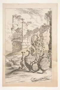 Un chandelier et des aiguières ornementales avec poignées dans un paysage avec des ruines, de Sculpturae Veteris Admirata - Joachim von Sandrart