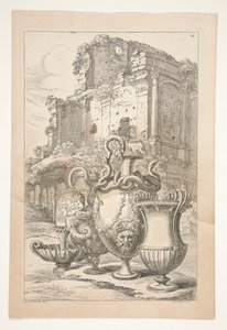 Vases dans un paysage parmi des ruines antiques