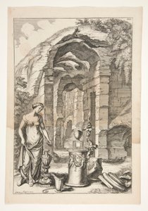 Femme en robe antique avec urnes, stands et ruines - Joachim von Sandrart