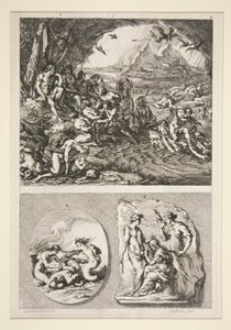 partie supérieure : Quos Ego ? partie inférieure : Deux reliefs antiques : Les Trois Parques et un sujet inconnu - Joachim von Sandrart