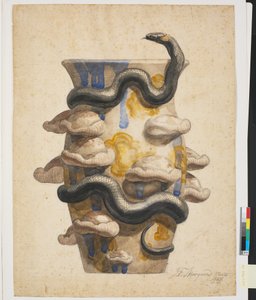 Travail préparatoire pour un vase décoré de serpent et de champignons en relief
