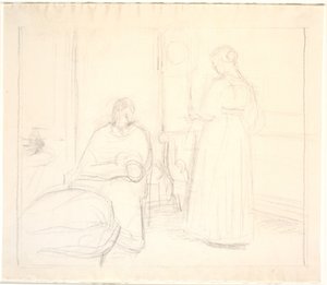 Intérieur avec horloge et femme assise et debout - Joakim Frederik Skovgaard