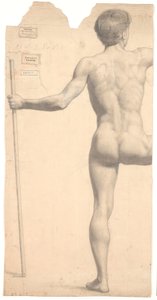 Modèle masculin debout, vu de dos, bâton dans la main gauche, bras et jambe droite coupés