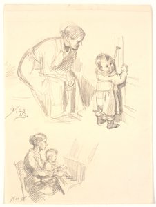Deux études de figures. En haut, une femme assise observant un enfant à une porte; en bas, une femme avec un enfant au piano