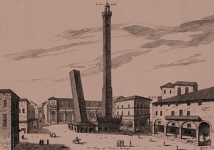 Les deux tours (Asinelli et Garisenda), Bologne, Émilie-Romagne, Italie, gravure sur cuivre