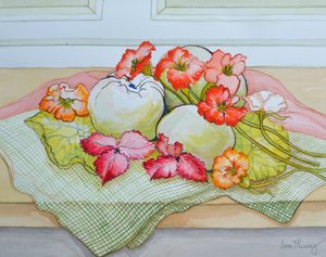 Pommes et Capucines sur une nappe à carreaux verts