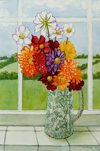 Dahlias sur le rebord de la fenêtre du cottage - Joan Thewsey