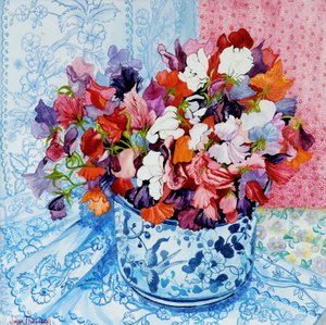 Pois de senteur dans un pot bleu et blanc - Joan Thewsey