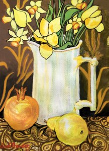 Tulipes et jonquilles dans un pichet blanc, avec textiles, grenade et poire