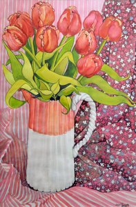 Tulipes dans un pichet rose et blanc