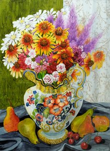 Pichet victorien avec fleurs mélangées, poires et cerises