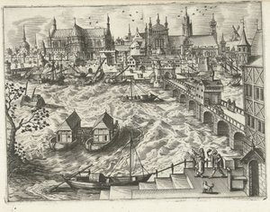 Paysage urbain avec pont et port - Joannes van Doetechum (I) (attributed to)