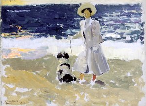 Dame et chien sur la plage - Joaquín Sorolla