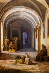 Moines franciscains dans le cloître de Santa Maria d