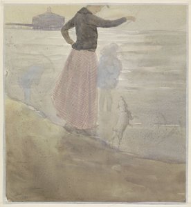 Femme avec deux enfants et un petit chien à la plage - Johan Antonie de Jonge