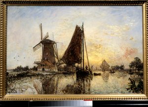 Paysage hollandais, bateaux près du moulin